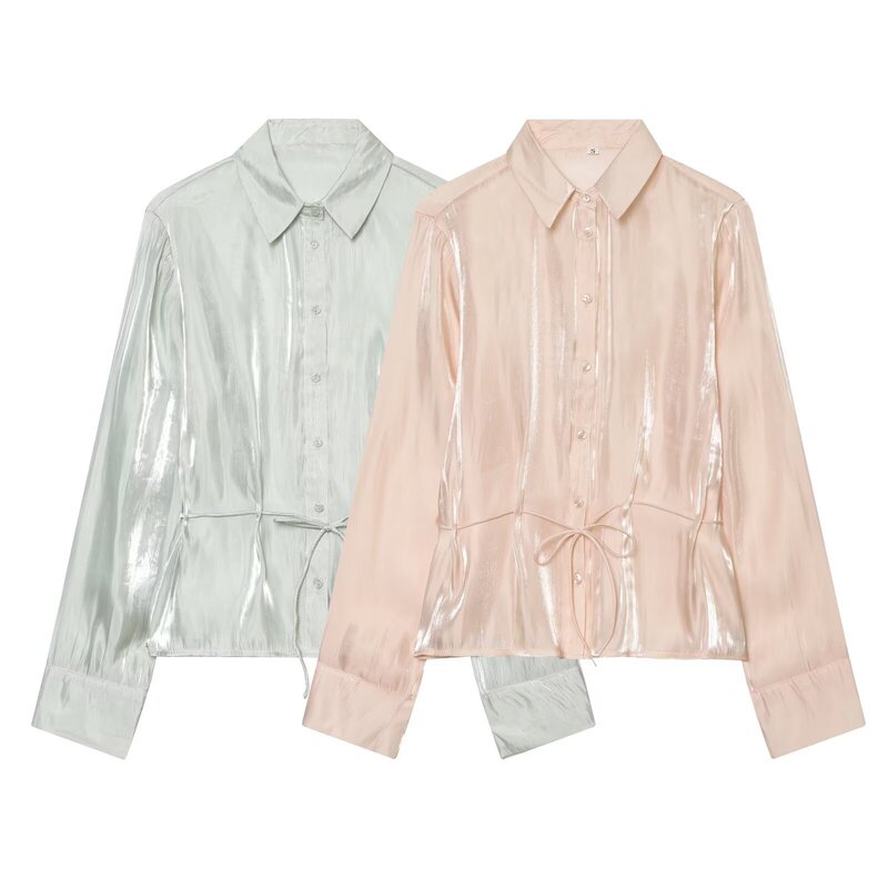 Cross-Border European and American Fashion Clothing, Aliexpress Hot-Selling Fashion Metallic Effect Shirt with Belt Cross-Border European and American Fashion Clothing, Aliexpress Hot-Selling Fashion Metallic Effect Shirt with Belt