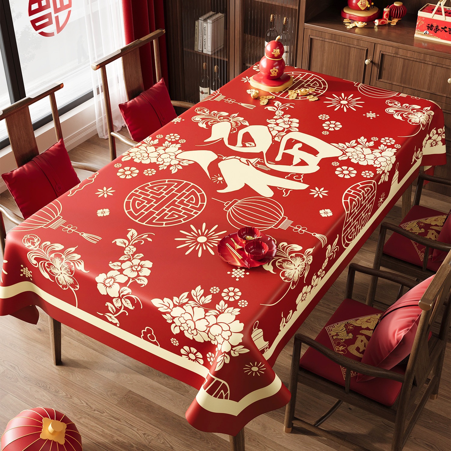 National Flower Paper-Cut New Year Tablecloth, Oil-Proof and Waterproof, 2026 New Model, Year of the Horse, Festive Red Chinese-Style Decoration Arrangement