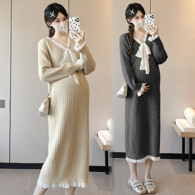 孕妇装春秋季连衣裙潮妈时髦法式宽松蕾丝拼接针织冬装打底长裙子|undefined