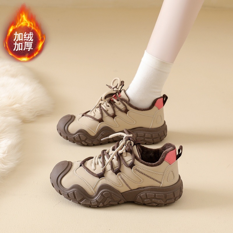 Retro Outdoor Sports Shoes for Women in Autumn and Winter, Fleece-Lined and Warm, New Style, Ugly and Cute, Niche Korean Style Hiking Shoes, Dad Shoes