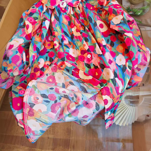 Children's Spring and Autumn New Style Dress Shirt Dress with Full-Page Oil Painting Style Print Dress