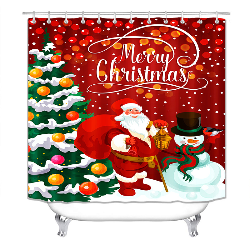 Navidad muñeco de nieve impermeable a prueba de moho grueso cortina de baño con anillo de plástico en forma de C separación seca y húmeda de cuatro piezas cortina de baño