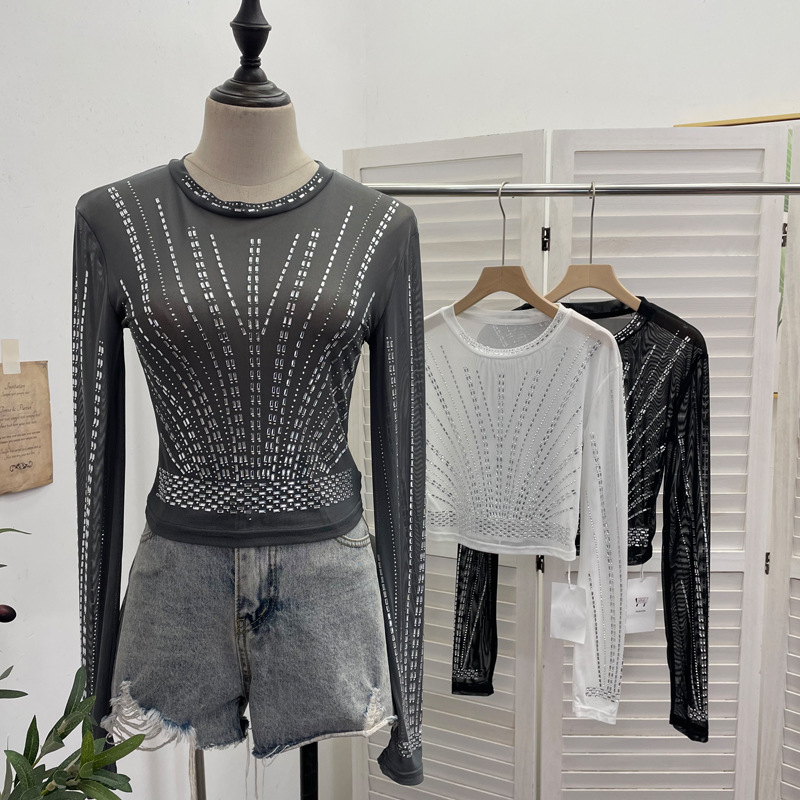 Diamond Embedded Thin Sheer Mesh Long Sleeve T shirt Slim Short Backless Top Women 7 Diamond Embedded Thin Sheer Mesh Long Sleeve T shirt Slim Short Backless Top Women