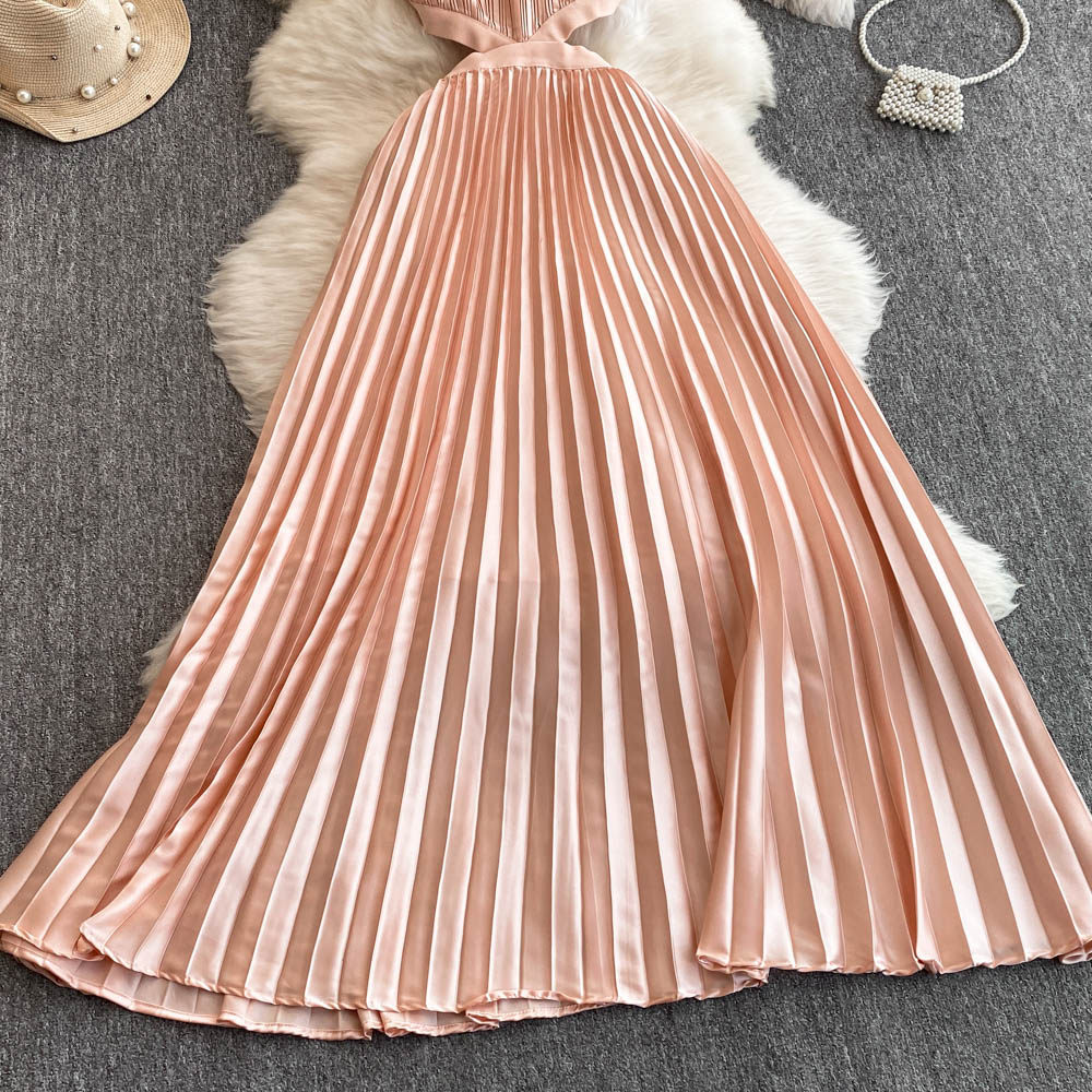 Women's Clothing Sexy Backless Hollow Halter Neck Long Dress Beach Vacation Style Pleated Skirt For Casual Party Evening_ecoleips.com