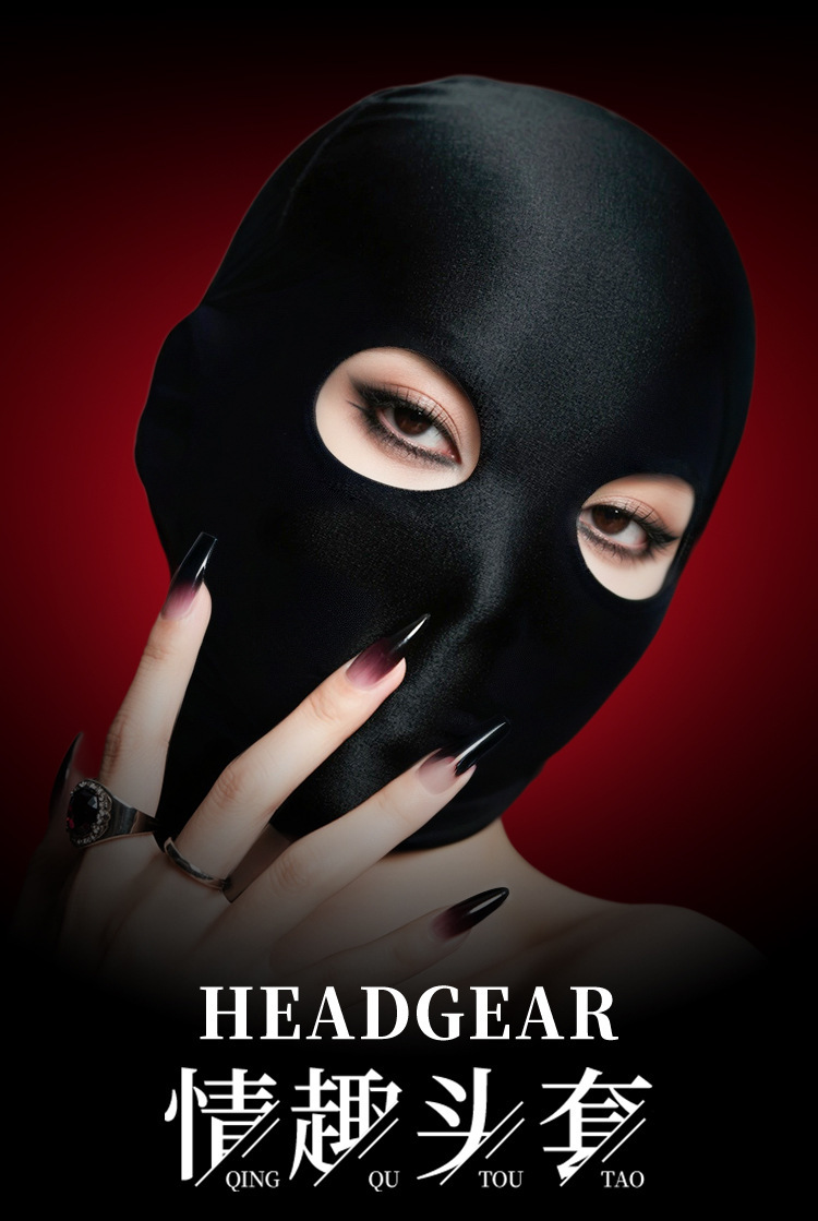 SM-Style Bondage Headgear Mask in Black Ice-Silk Nylon for Adult Couples — detail image 3