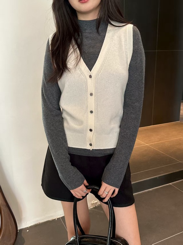深V领针织衫马甲女全羊毛秋季新款叠穿坎肩无袖背心开衫毛衣8031|undefined