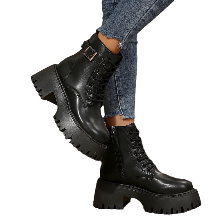 Big yards thick bottom casual short boots female new increased height England biker short boots boots_voghion.com