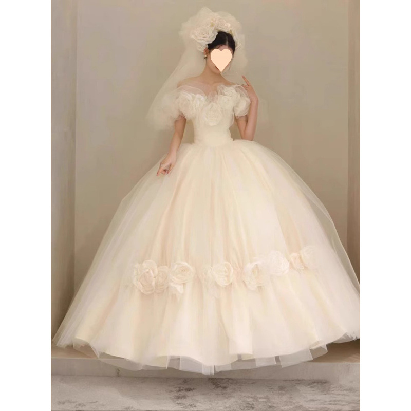 Abito da sposa leggero con spalle scoperte, stile Mori, tessuto francese di alta qualità, nuovo modello 2025, abito da sera per sposa minuta._voghion.com