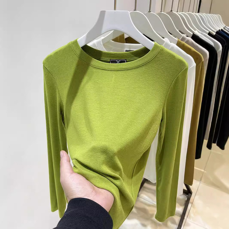 Ribbed Cotton Long-Sleeve T-Shirt for Women, Spring and Autumn 2025 New Style, Solid Color, Round Neck, Slim Fit, Base Layer Top, Can Be Worn Outside