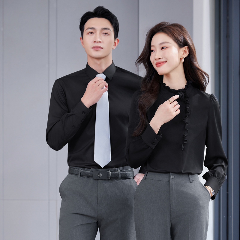 New Men's and Women's Same Clothes Long Sleeve Shirt Slim-fit Dress Business Shirt Professional Women's Black Shirt Work Clothes