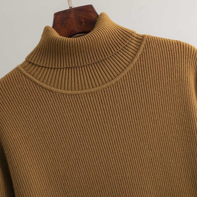 Women Knitted Dress Autumn Winter Mid Length Loose Turtleneck Solid Color Base Sweater Dress