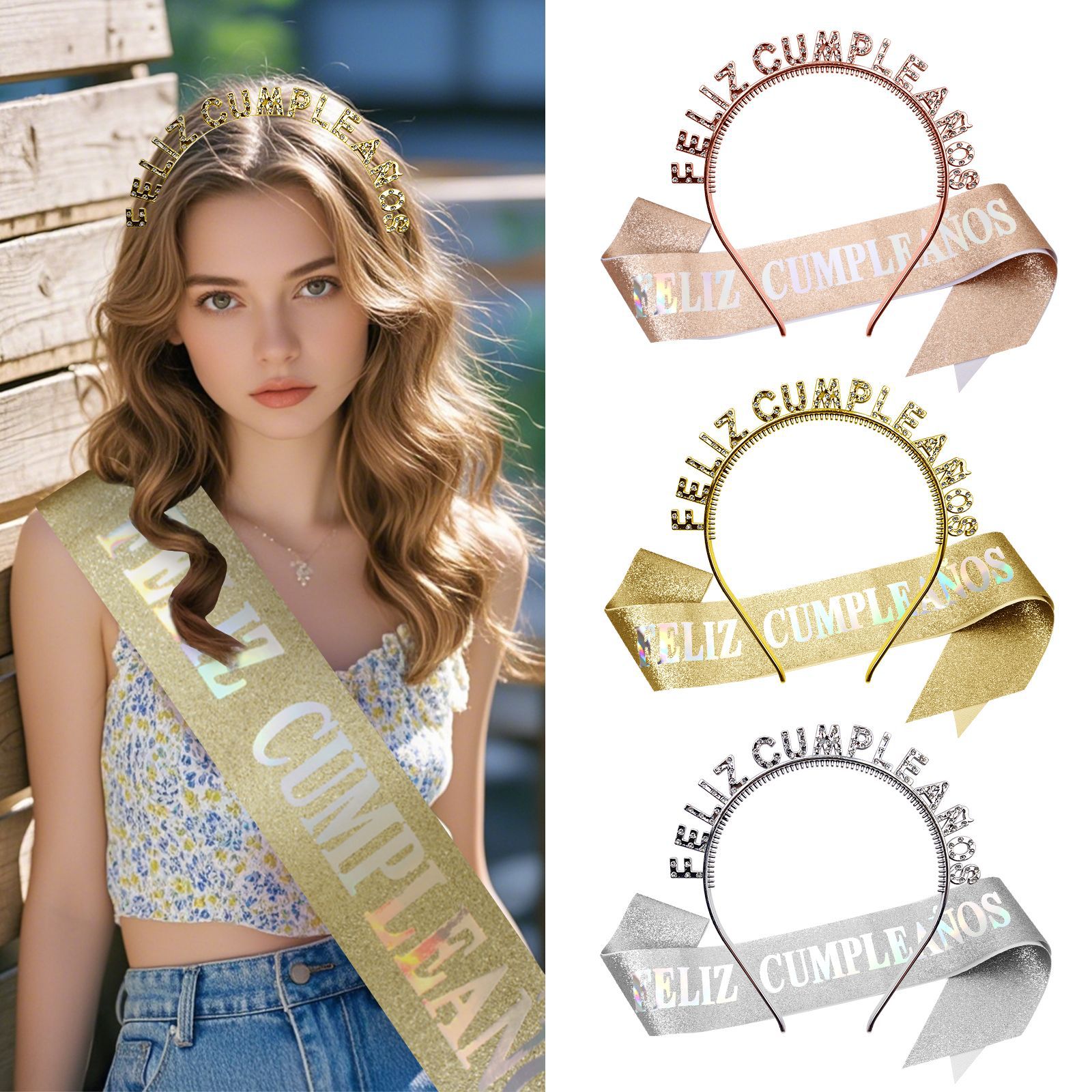 Cumpleaños español correa de hombro serie de taladro de plástico chapado en oro fiesta de ventas calientes en el extranjero de Europa y América