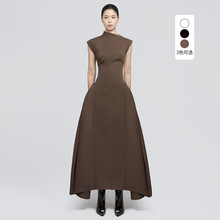 欧美跨境2025春夏女装连衣裙气质简约纯色无袖收腰不规则下摆长裙