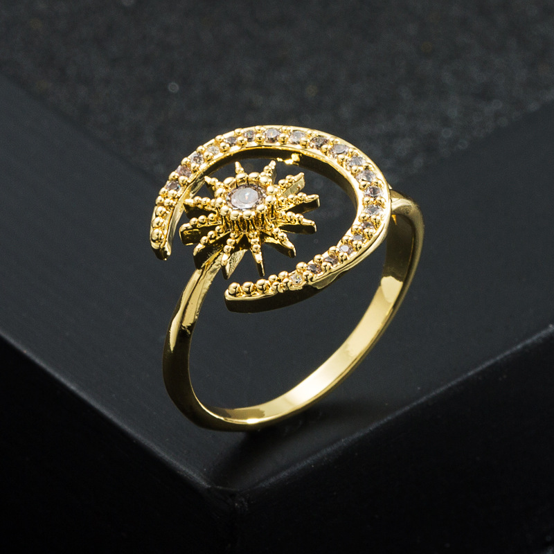 Moda Nueva Apertura Ajustable Creativa Estrella Luna Cobre Chapado 18k Oro Micro Zircon Anillo display picture 4