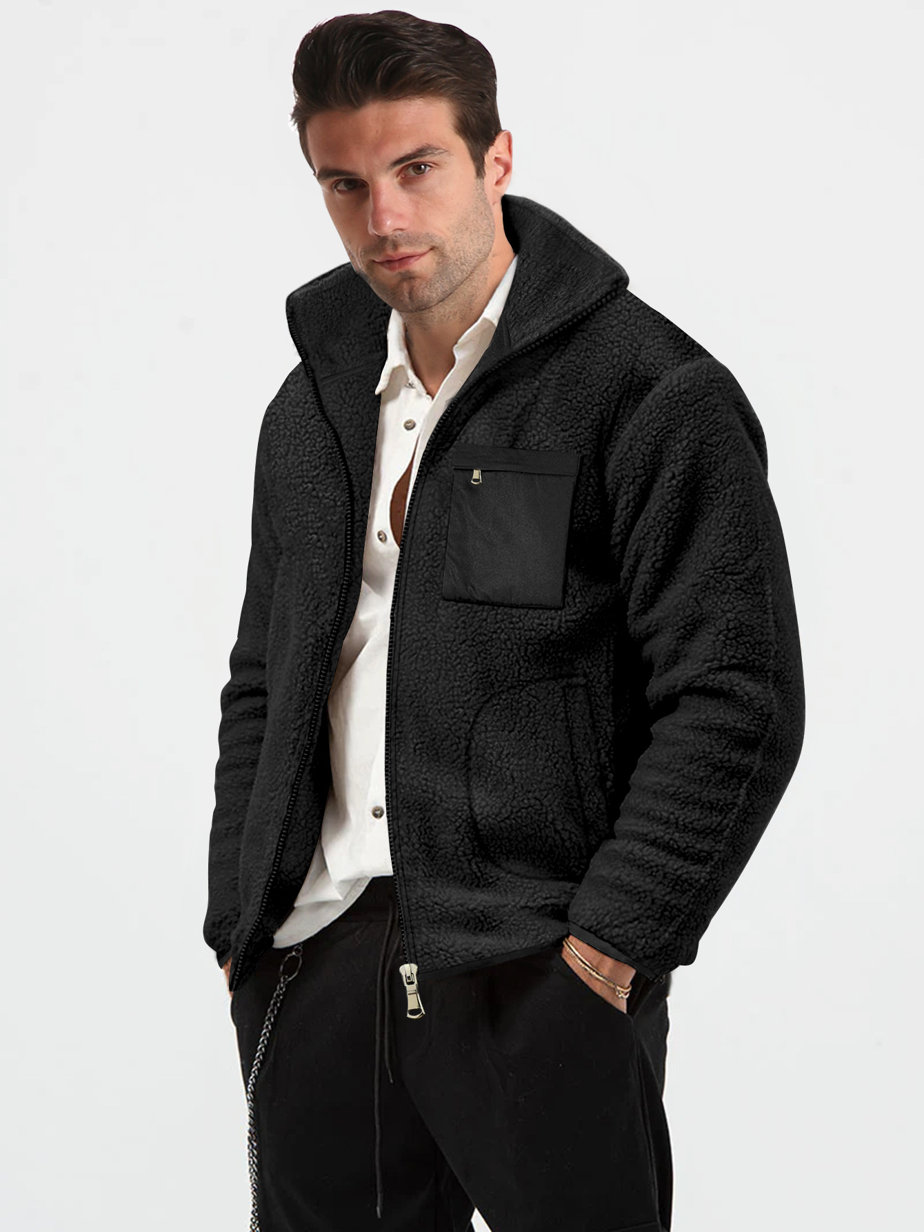 Men's Fleece Jacket Stand Collar Winter Cardigan For Men_voghion.com