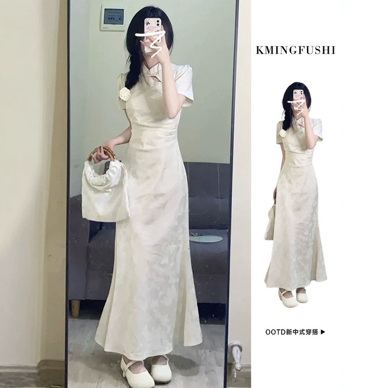 2026 New Style Petite Women's Summer Dress, New Chinese Style Improved Qipao, Beautiful Waist-Cinching White Long Dress 2026 New Style Petite Women's Summer Dress, New Chinese Style Improved Qipao, Beautiful Waist-Cinching White Long Dress