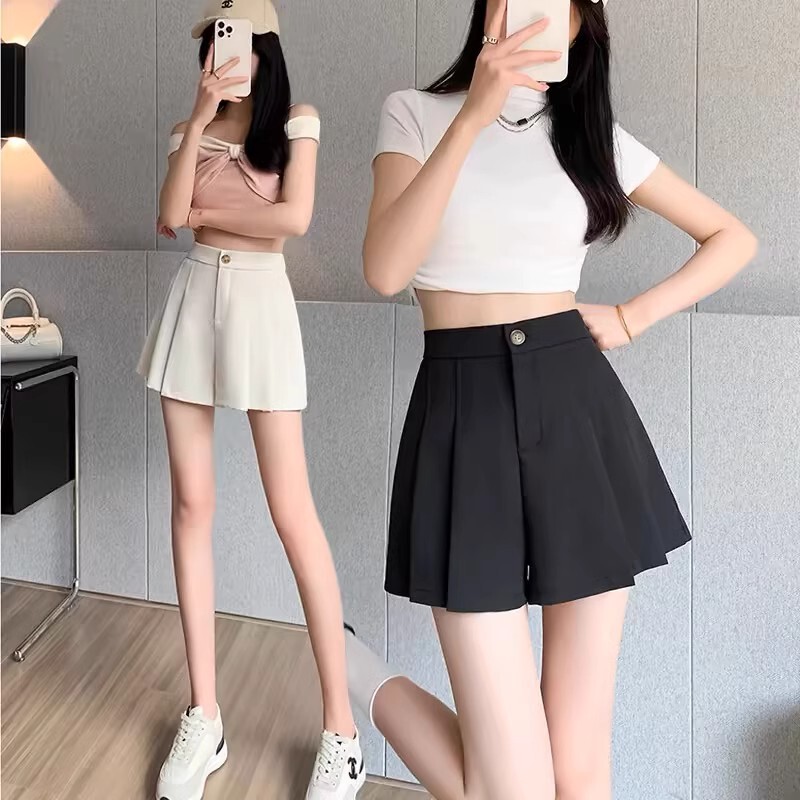 Summer plus size chubby girl Pleated Suit Shorts High Waist Outer Wear Slim A- line Wide Leg Pants Small Casual Hot Pants for Women