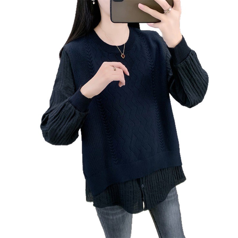 圆领针织拼接假两件衬衫女2025春秋时尚毛衣高级感卫衣针织衫上衣|undefined
