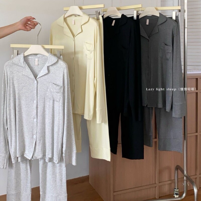 New Style Pajamas for Women, Spring Casual Simple Lazy Style, Double-Length Modal Long-Sleeve Long-Pants Cardigan Loungewear Set New Style Pajamas for Women, Spring Casual Simple Lazy Style, Double-Length Modal Long-Sleeve Long-Pants Cardigan Loungewear Set