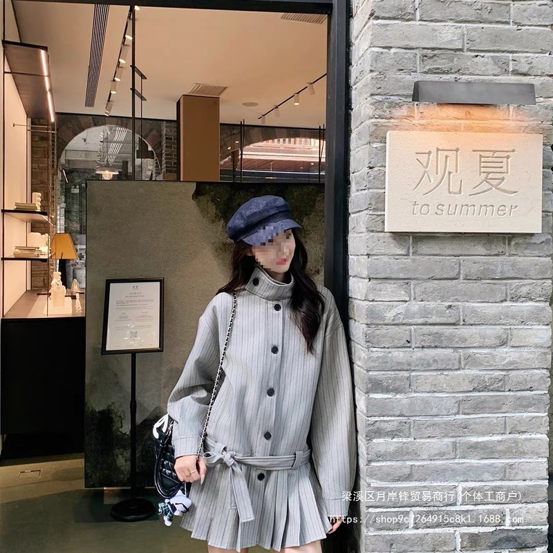 条纹立领风衣女短款秋季新款收腰系带显瘦休闲短外套百搭修身遮肉|undefined