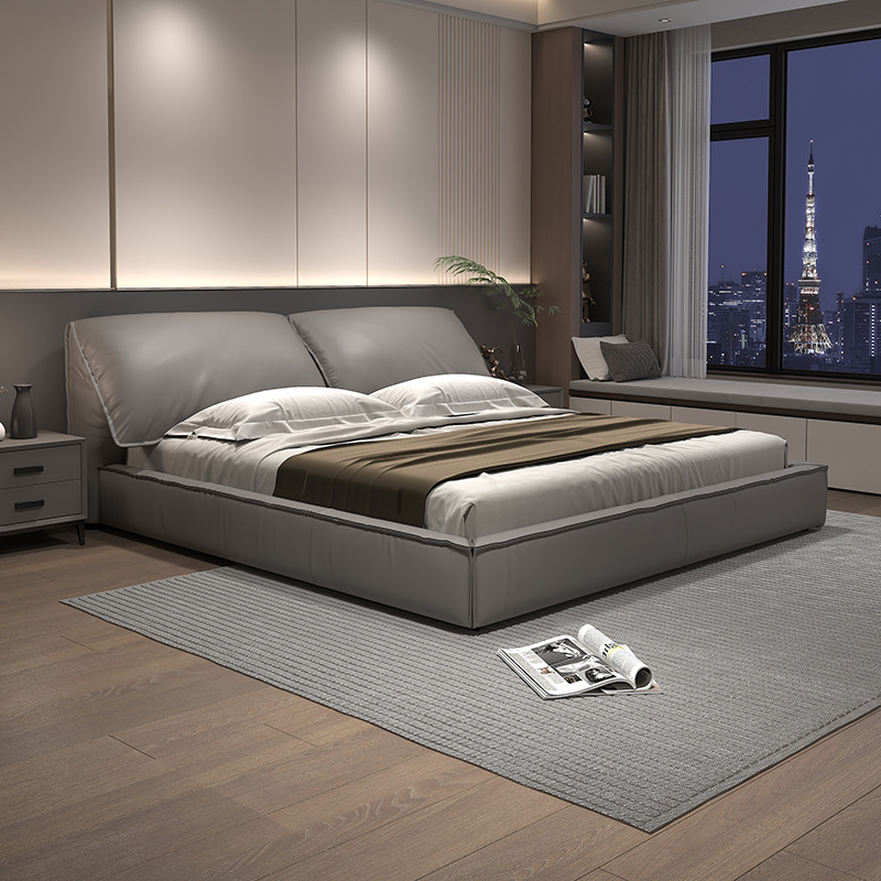 Cama flotante minimalista nórdica de 1.5 metros con almacenamiento, cajón de presión de aire, caja alta de 1.8 metros, capa superior de cuero artístico, cama suave de piel de vaca
