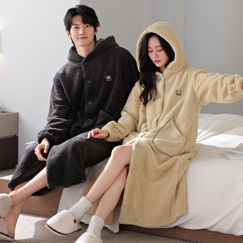 가을, 겨울 커플 잠옷 따뜻하고 편안한 벨벳 긴팔 가디건 중간 길이 목욕 가운 캐주얼 심플 대형 가정복