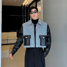 设计感潮雪花呢子拼皮立体大口袋短款毛呢外套男高腰皮衣夹克外套