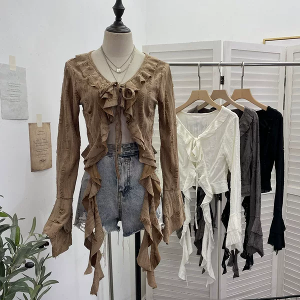 Real Shot of Wasteland Style Asymmetrical Ribbon Ruffled Straps Ripped Cardigan Top Short Long Sleeves Outer Wear 9256