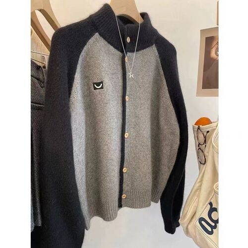 Languid Contrast Color Crew Neck Knit Cardigan Fashion Autumn/Winter New Design Trend Comfy Soft Wool Sweater Outerwear