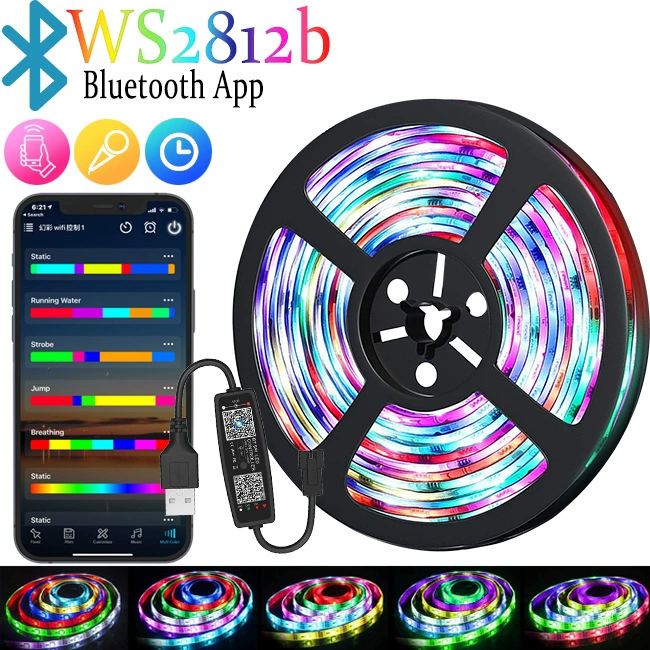 USB светодиодная лента 5В разноцветная RGB, мигающая смена цветов WS2812B, Bluetooth бегущий свет, настольная атмосферная подсветка