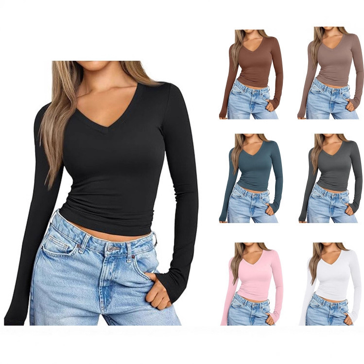New European and American Style Women's V-Neck T-Shirt, Slim-Fit Long-Sleeve Top, High-End Milk Silk Base Shirt for Women New European and American Style Women's V-Neck T-Shirt, Slim-Fit Long-Sleeve Top, High-End Milk Silk Base Shirt for Women
