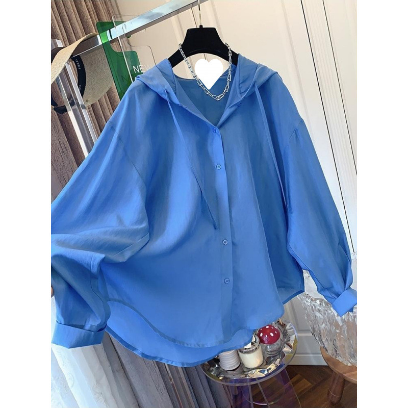 Fashionable and High-End Yellow and Blue Hooded Shirt, Sun Protection Shirt, Loose Top, Women's Clothing, 2026 Spring and Autumn New Style