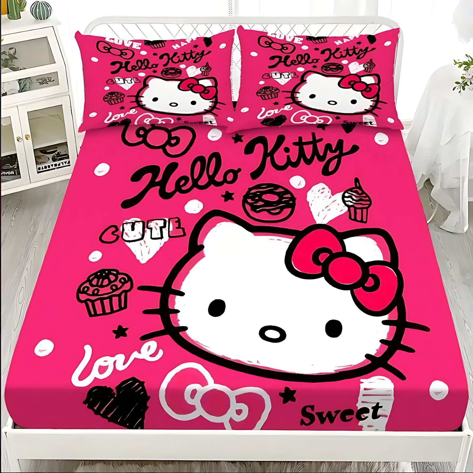 TEMU / JIT Cute Kitty serie de patrón de tema impresión digital 3D suave cama cómoda gaza almohada set
