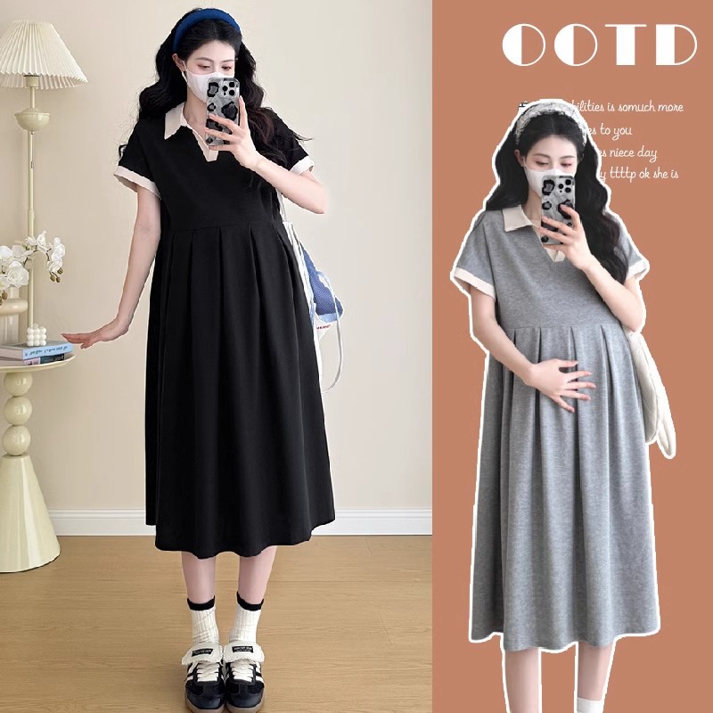 Maternity Summer Dress 2025 New Summer Fashion Belly-Covering Large Size Top Loose Polo Collar Pregnancy Skirt