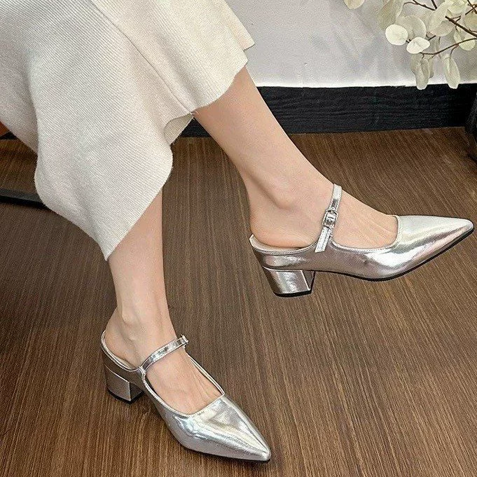 Женские полутапочки с внутренним усиленным носком, летняя верхняя одежда, новый стиль, французские вечерние туфли серебристого цвета, босоножки на толстом каблуке