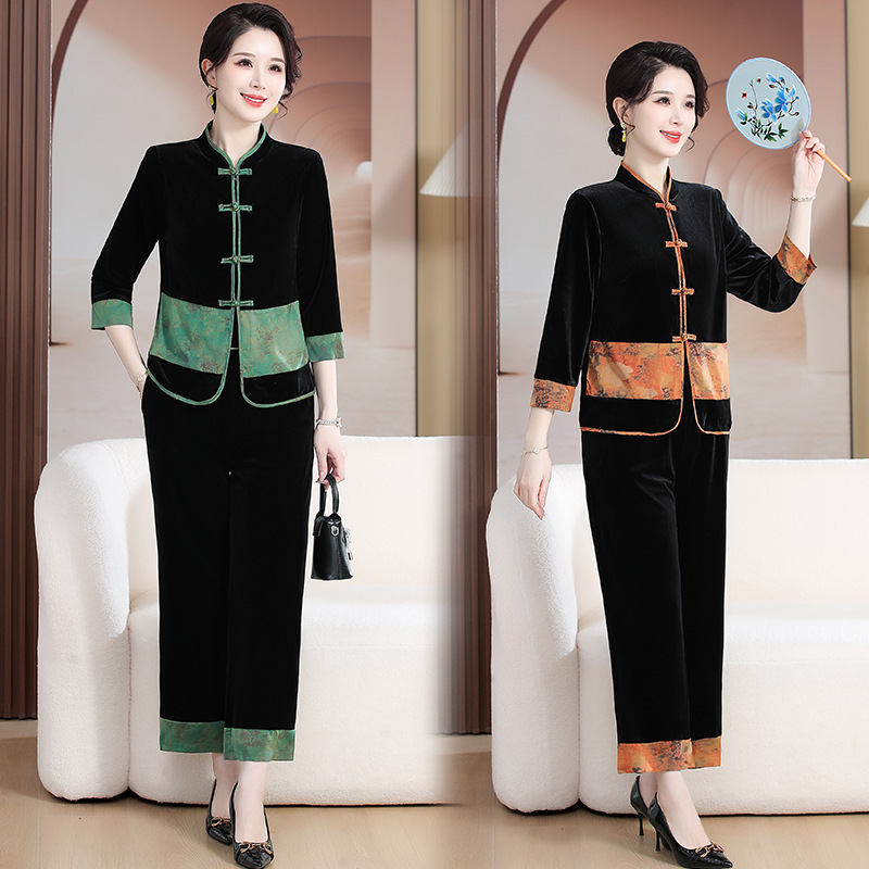 中年妈妈春秋洋气金丝绒套装2025新款中老年人女装春秋外套两件套