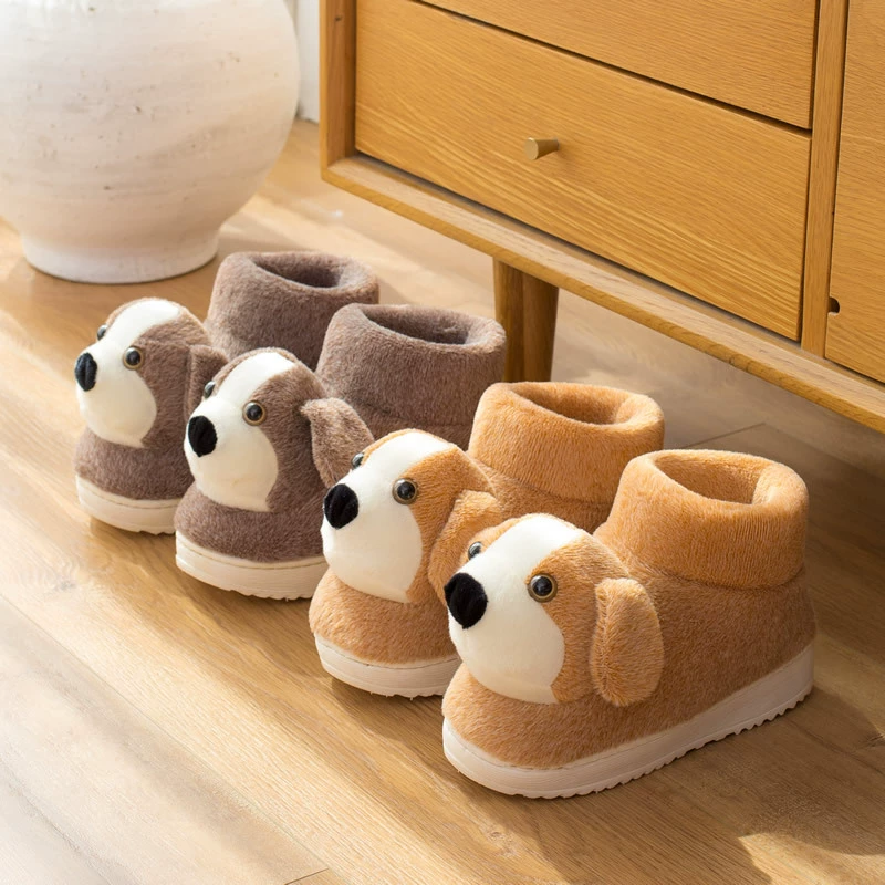 Зимние утолщенные теплые хлопковые тапочки с мультяшными собаками, женская сумка, милая хлопковая обувь на высоком каблуке, домашняя обувь на плоской подошве, короткие сапоги