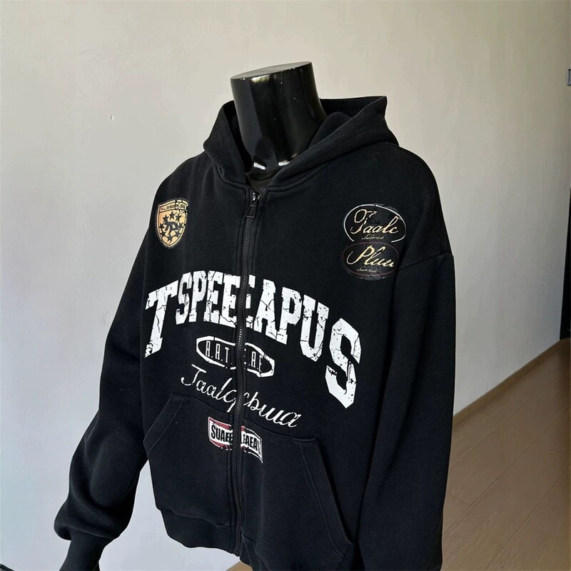 American retro racing style distressed hooded sweatshirt for men, spring and autumn zip-up jacket, trendy American retro racing style distressed hooded sweatshirt for men, spring and autumn zip-up jacket, trendy