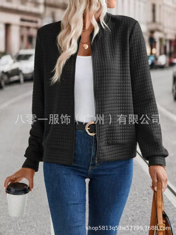 现货批发亚马逊热销新款欧美女装长袖拉链纯色拼接开衫纯色外套女|undefined