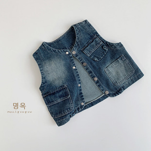 Korean Style Vintage Denim Vest Children's Autumn New Men's and Women's Casual All-match Waistcoat Trendy Small and Medium-sized Children's All-match Vest
