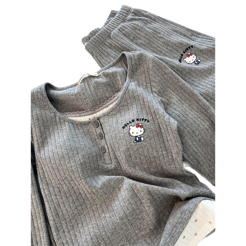 韩版撞色假两件带胸垫坑条长袖睡衣女春秋款HelloKitty家居服套装|undefined