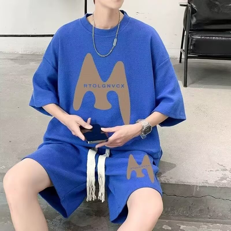 Camisas menos ropa verano para hombres nuevo waffle traje de manga corta deportes casuales de dos piezas en uno guapo y suelto