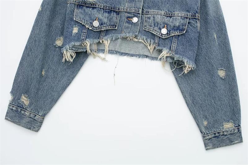 Retro Denim Jacket For Women Long Sleeved Collared Distressed Top_voghion.com