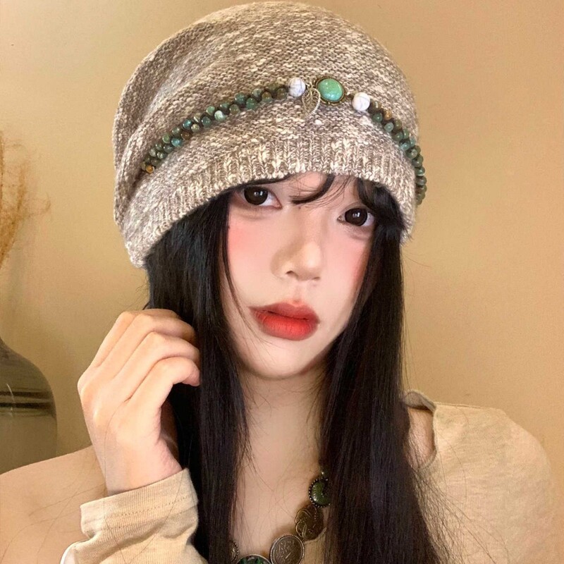 甜美百搭民族风针织堆堆帽秋冬休闲时尚扎染套头帽美式复古冷帽潮|undefined