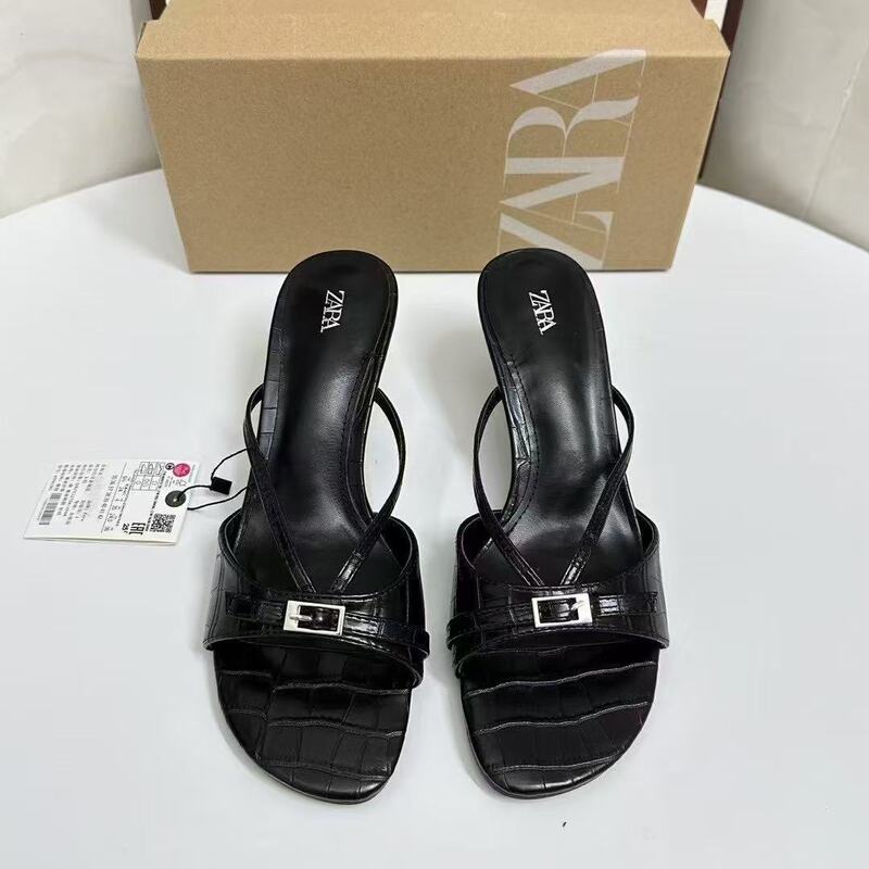 Za2025 New Black Women's Shoes Fashionable Mesh Upper with Silver Buckle Open Toe Hollow Stiletto Sandals