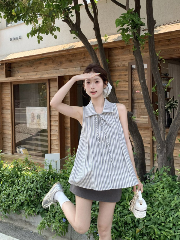 工場卸売デザインフレンチハイエンドストライプリボンシャツノースリーブトップ学生スリムベスト女性の夏|undefined
