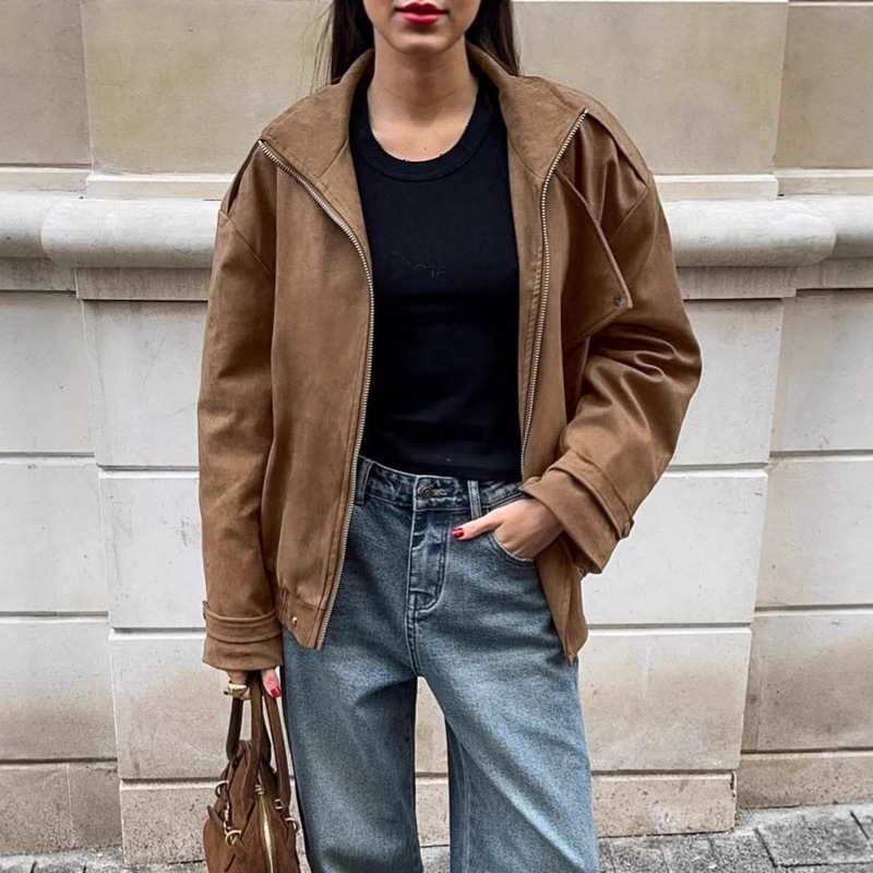 2025 European and American Cross-Border Women's Brown Loose Jacket Autumn and Winter New Retro Maillard Fashion Casual