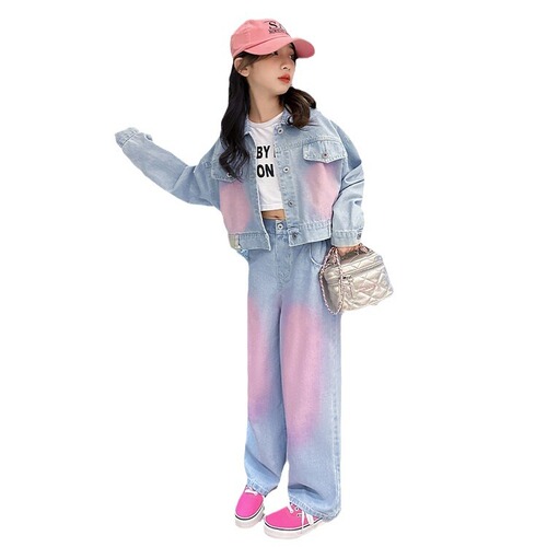 Girls' Little Fragrance Suit 2024 Spring Outfits Older Children's Dopamine Jacket Wide Leg Pants Two-piece Denim Suit Trendy