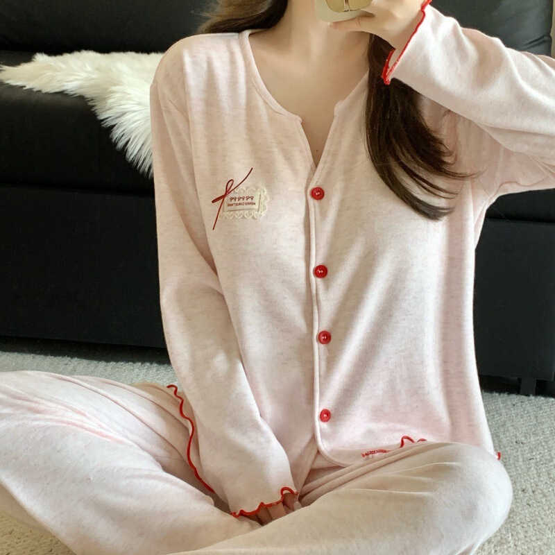 Pajamas with Breast Pads for Women, Autumn and Winter Cashmere Thin Style, Simple Sweet Pink Cardigan, Long-Sleeved Pants, Home Wear Set