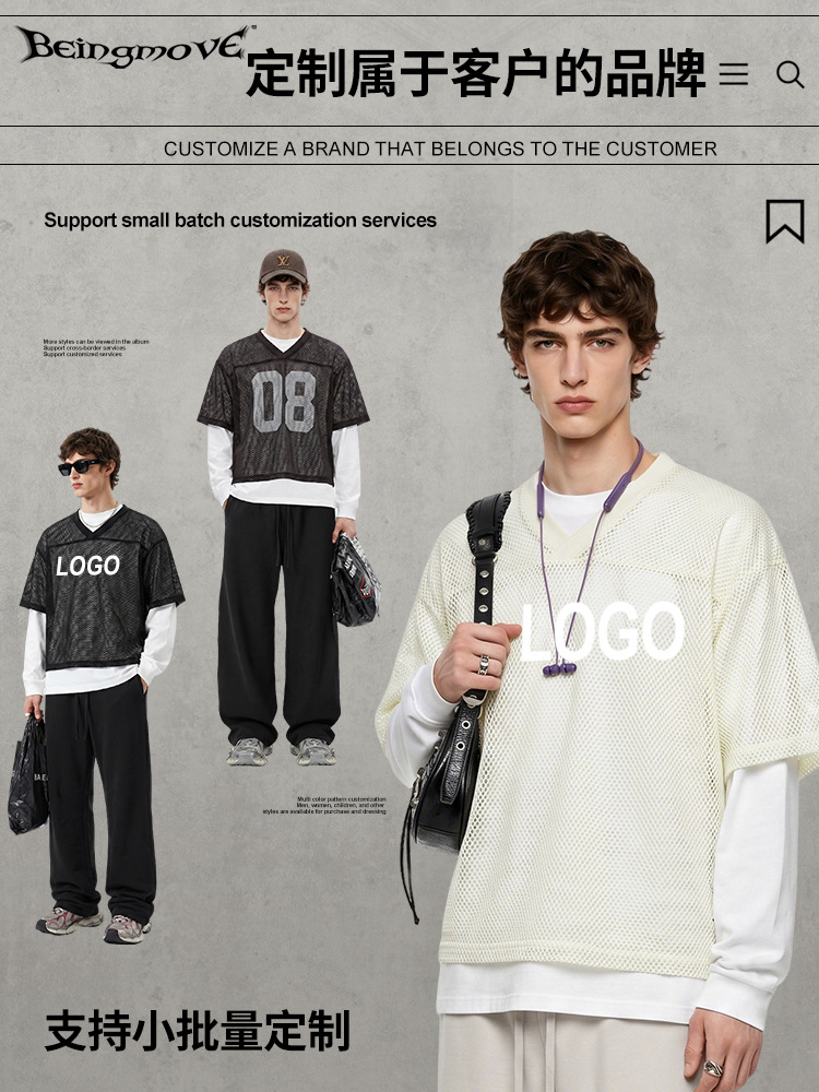 Calle secada| Marca de moda americana malla de manga corta cuello redondo suéter de color sólido recto pantalones largos sueltos trajes deportivos para hombre